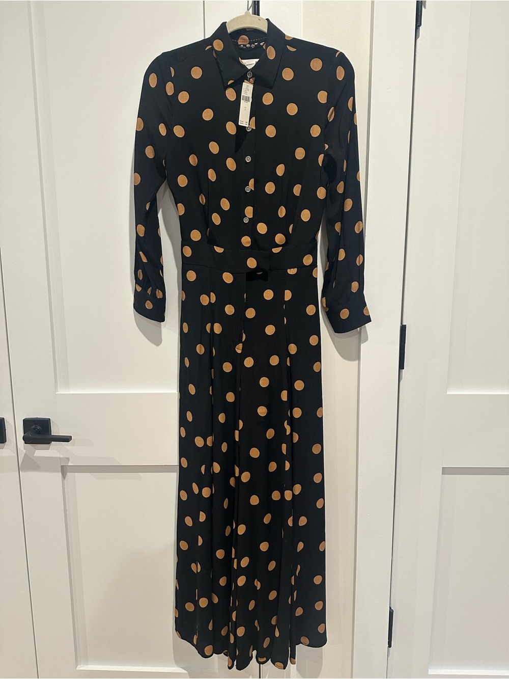 Anthropologie Loveland Wide Leg Black Jumpsuit with Gold Polka Dots